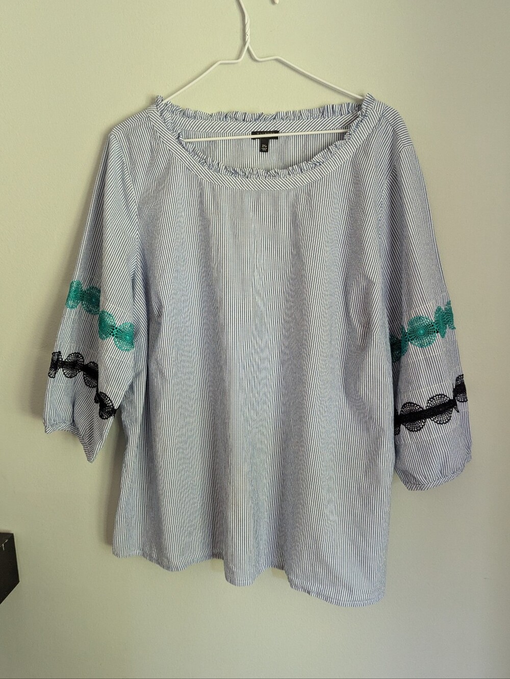 Talbots Womens 2X Petite Blue Striped Embroidered Lace 3/4 Balloon Sleeve Blouse